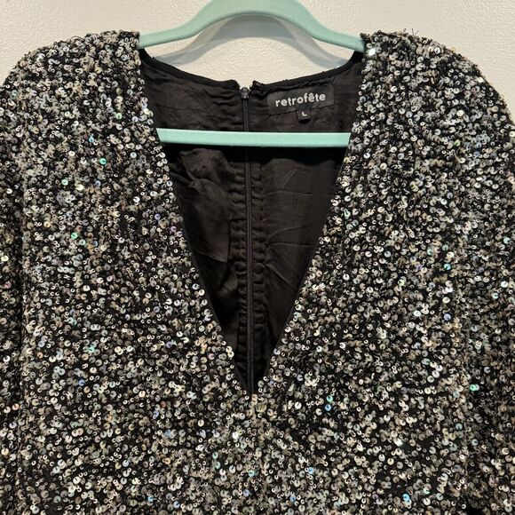 NWOT Retrofete Dress Full Sequin Summer Party Black Long Sleeve Women sz Large - Picture 3 of 12
